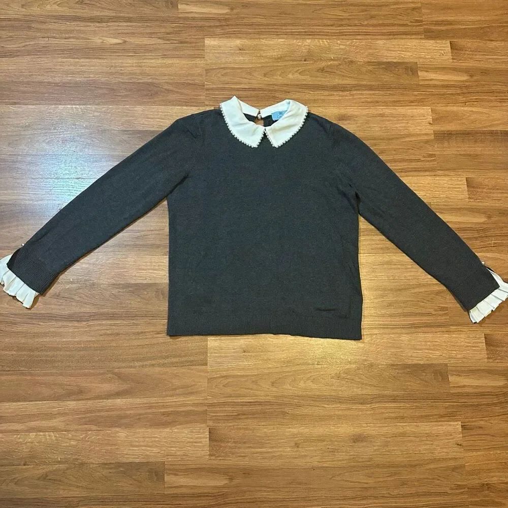 Cece Long-Sleeve Sweater Pull-Over Gray with White Trim | Women Size XS